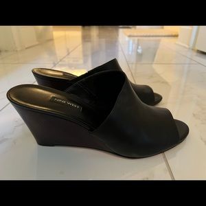 Faux leather and wood slip on wedges